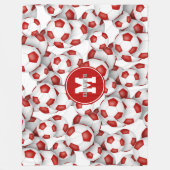 赤い白いサッカーボールのモノグラムの模様 フリースブランケット (正面)