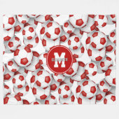 赤い白いサッカーボールのモノグラムの模様 フリースブランケット (正面(横))