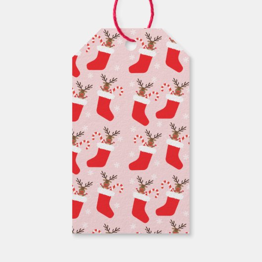 赤い白いストッキングのトナカイ ギフトタグ (裏面)