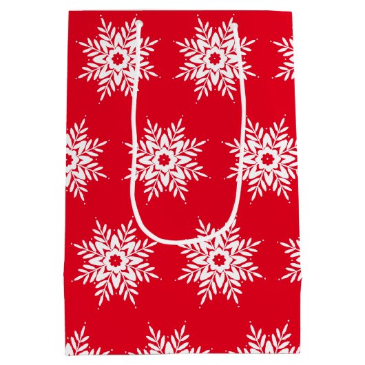 赤い白いスノーフレークのパターン ミディアムペーパーバッグ (裏面)