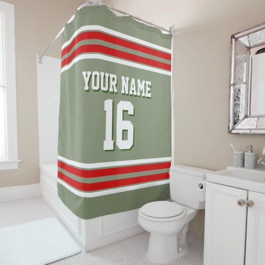 赤い白いスポーツジャージとセージストライプグリーン シャワーカーテン (インサイチュ)
