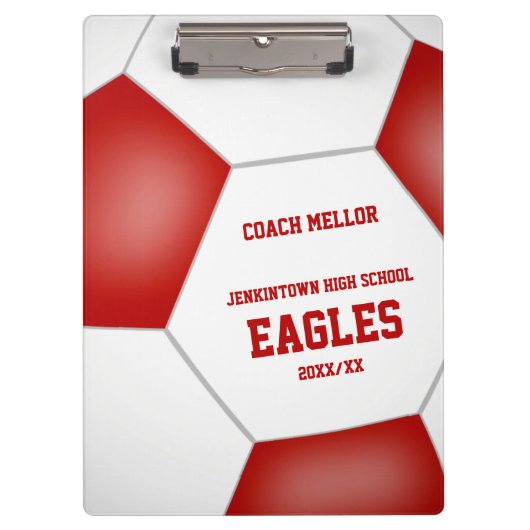 赤い白いチームカラーのパーソナライズされたサッカーコーチ クリップボード (正面)