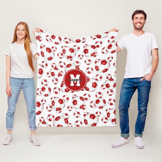 赤い白いチームカラーの女の子サッカーボール フリースブランケット (インサイチュ)