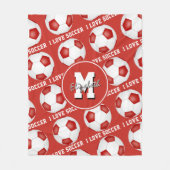 赤い白いチームカラー私はサッカーの文字パターンが大好き フリースブランケット (正面)