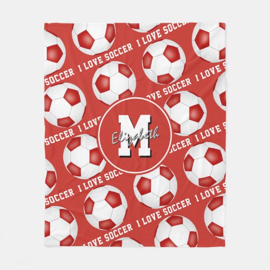 赤い白いチームカラー私はサッカーの文字パターンが大好き フリースブランケット (正面)