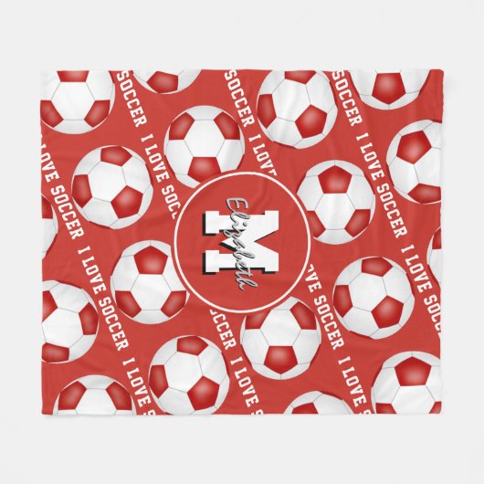 赤い白いチームカラー私はサッカーの文字パターンが大好き フリースブランケット (正面(横))