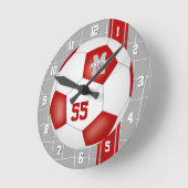 赤い白いチーム色のサッカーストライプ選手 ラウンド壁時計 (傾斜)