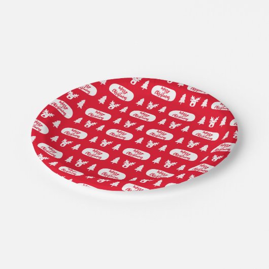 赤い白いトナカイとクリスマスツリーパターン ペーパープレート (アングル)