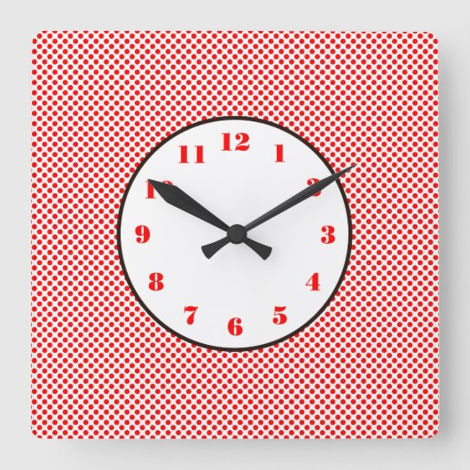 赤い白いドット黒のトリム スクエア壁時計 (正面)