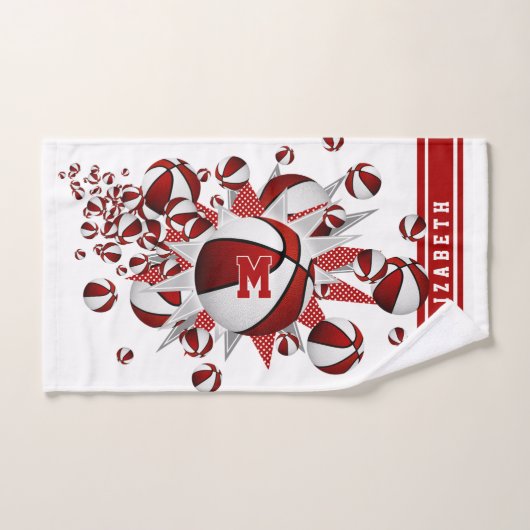 赤い白いバスケットボールが女の子をモノグラムの主演 ハンドタオル (ハンドタオル)