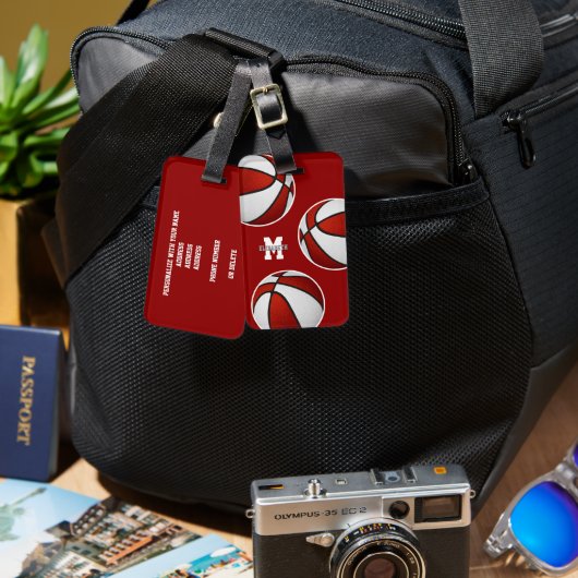 赤い白いバスケットボールのチームカラー ラゲッジタグ (正面&裏面)