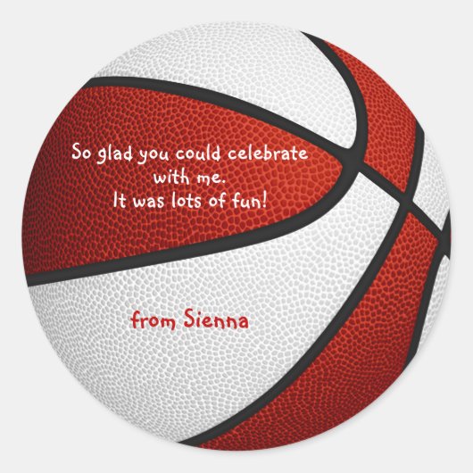 赤い白いバスケットボールの女の子の感謝していパーティーよ ラウンドシール (正面)