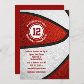赤い白いバスケットボールの女の子の男の子の誕生日パーティー 招待状 (正面/裏面)