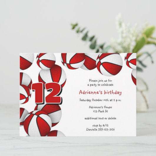 赤い白いバスケットボールの女の子の誕生日パーティー 招待状 (スタンド正面)
