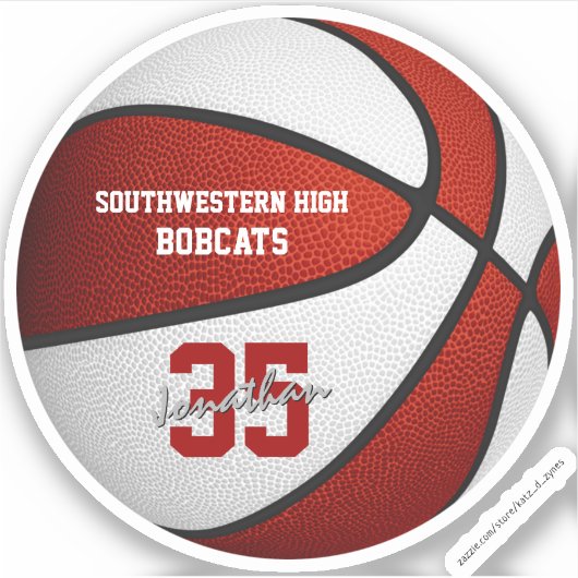 赤い白いバスケットボールの男の子チームカラー シール (正面)