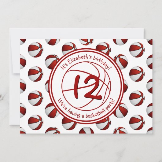赤い白いバスケットボールの誕生日またはチームのパーティー 招待状 (裏面)