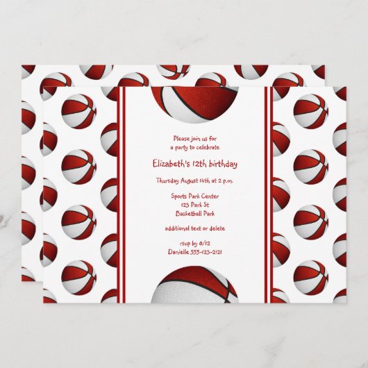 赤い白いバスケットボールの誕生日またはチームのパーティー 招待状 (正面/裏面)