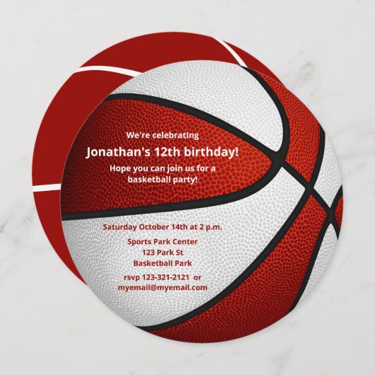 赤い白いバスケットボールをテーマにした誕生日パーティー 案内状 (正面/裏面)