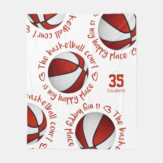 赤い白いバスケットボールコート私の幸せな場所のスポーツ フリースブランケット (正面)