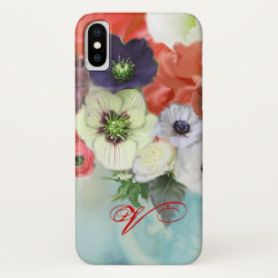 赤い白いバラとアネモネの花モノグラム iPhone X ケース