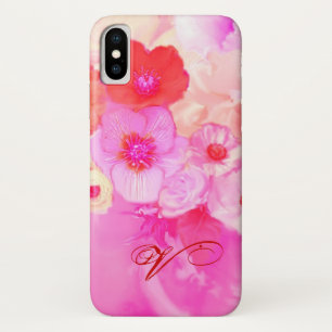 赤い白いバラとピンクのアネモネ花モノグラム iPhone X ケース