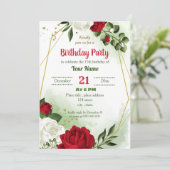 赤い白いフローラ緑の幾何学誕生日パーティー 招待状 (スタンド正面)