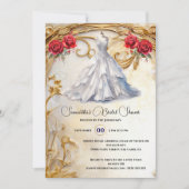 赤い白いブライダルガウンバラ豪華な花 招待状 (正面)