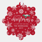 赤い白いホリー雪の結晶メリークリスマスフォト オーナメントカード (正面)