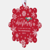 赤い白いホリー雪の結晶メリークリスマスフォト オーナメントカード (左)