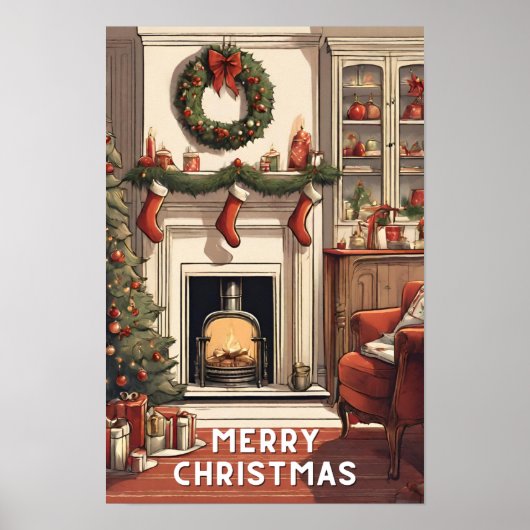 赤い白いメリークリスマスメリーヴィンテージモダン ポスター (正面)