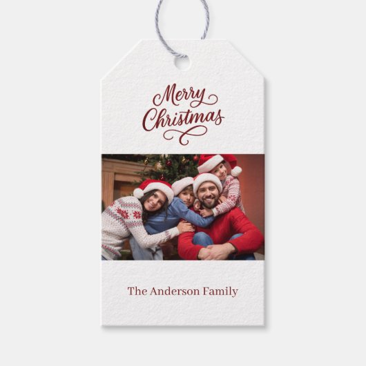 赤い白い写真のスクリプトのクリスマス ギフトタグ (正面)
