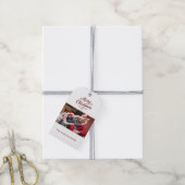 赤い白い写真のスクリプトのクリスマス ギフトタグ (より糸付き)