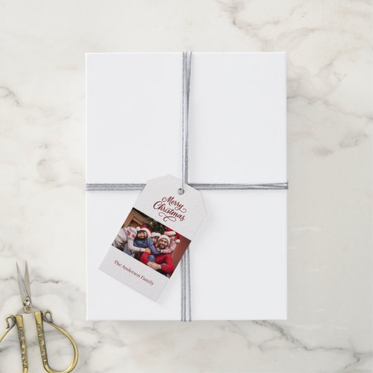 赤い白い写真のスクリプトのクリスマス ギフトタグ (より糸付き)