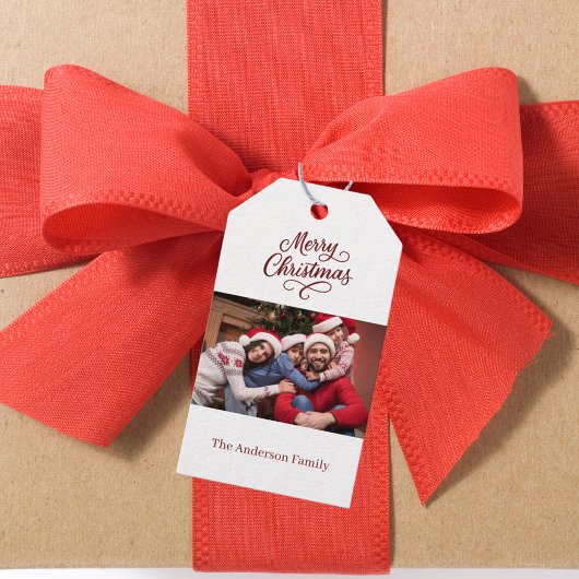 赤い白い写真のスクリプトのクリスマス ギフトタグ