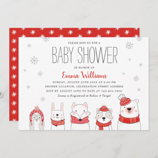赤い白い冬の雪の森の動物の赤ちゃんシャワー 招待状 (正面/裏面)