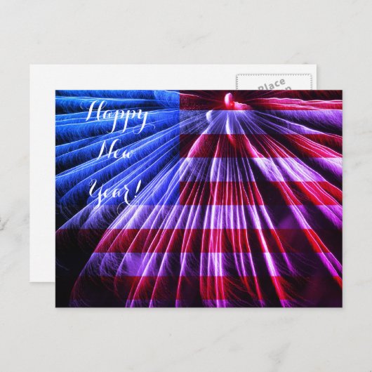 赤い白い及び青旗賞の花火の明けましておめでとう米国 シーズンポストカード (正面/裏面)