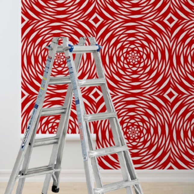 赤い白い幾何学模様の円を剥がして貼る 壁紙 (Peel and Stick Red White Geometric Spiral Circles Wallpaper)