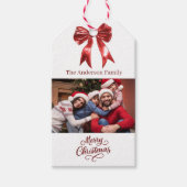 赤い白い弓の写真のスクリプトのクリスマス ギフトタグ (正面)