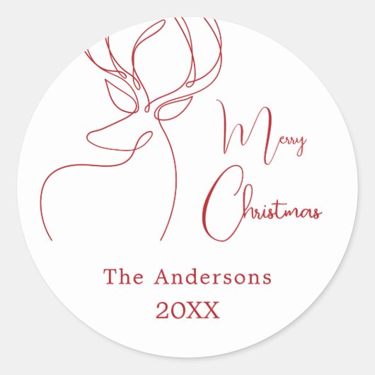 赤い白い抽象芸術トナカイモダンクリスマス ラウンドシール (正面)
