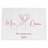 赤い白い抽象芸術トナカイモダンクリスマス ラージペーパーバッグ (正面)