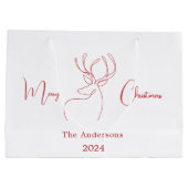 赤い白い抽象芸術トナカイモダンクリスマス ラージペーパーバッグ (裏面)