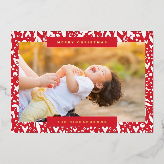 赤い白い文字写真花模様 箔シーズンカード (正面)