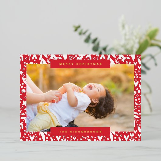 赤い白い文字写真花模様 箔シーズンカード (立ち正面)