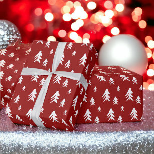 赤い白い木のイラストレーションクリスマスパターン ラッピングペーパー