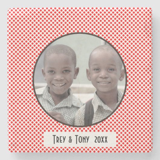 赤い白い水玉模様のフォトフレーム ストーンコースター (正面)