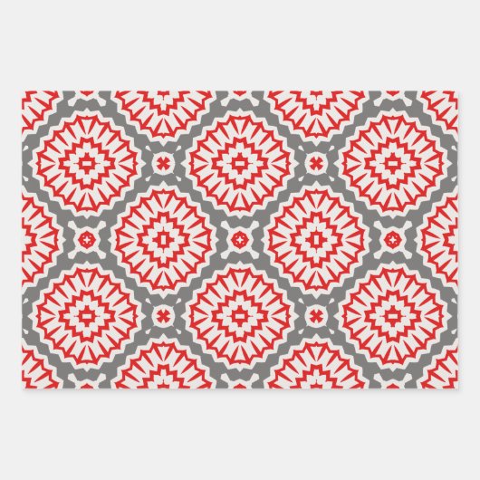 赤い白い灰色の民族モザイクの幾何学的パターン ラッピングペーパーシート (正面)
