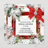 赤い白い緑のグリッターのおじぎダエレガントイヤ 招待状 (正面/裏面)