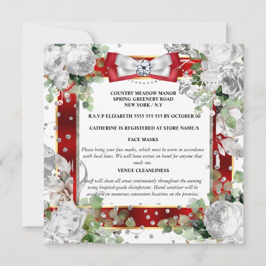 赤い白い緑のグリッターのおじぎダエレガントイヤ 招待状 (裏面)