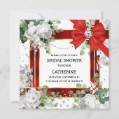 赤い白い緑のグリッターのおじぎダエレガントイヤ 招待状 (正面)
