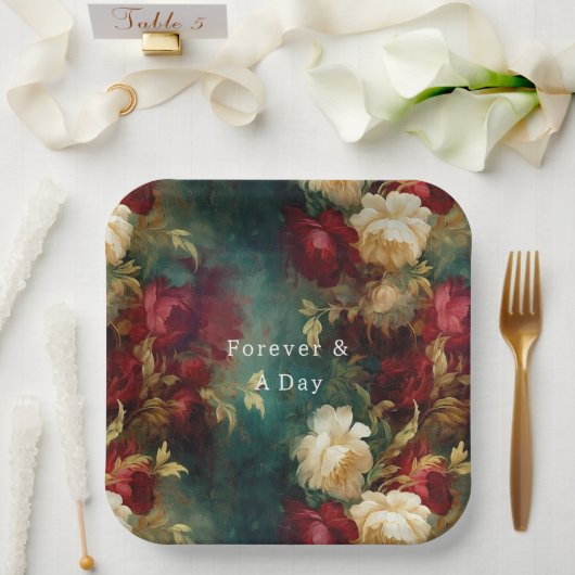 赤い白い緑の花 ペーパープレート (ウェディング)